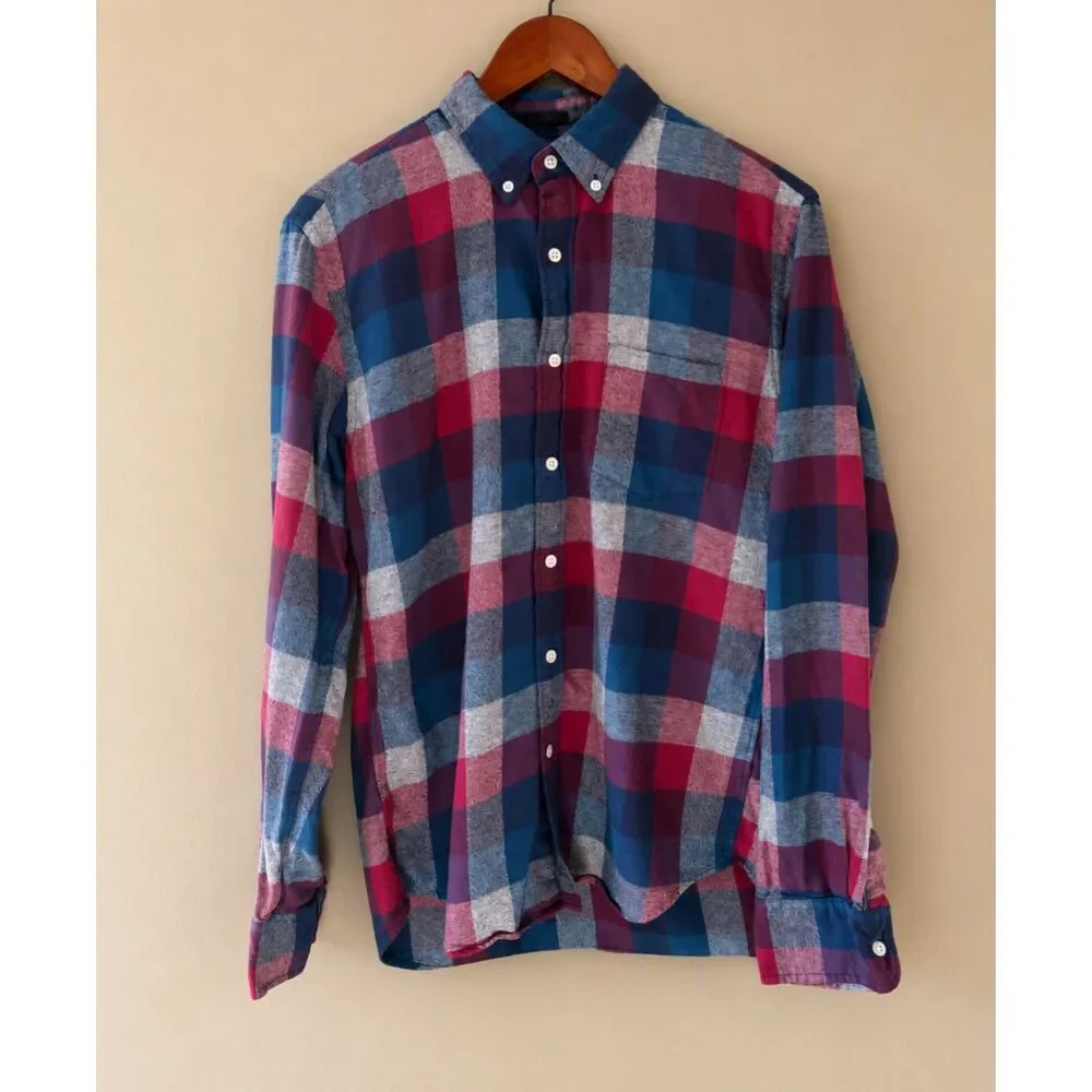 J Crew Mens Slim Flannel Plaid Shirt Size M Burgundy Navy Preppy Fall
